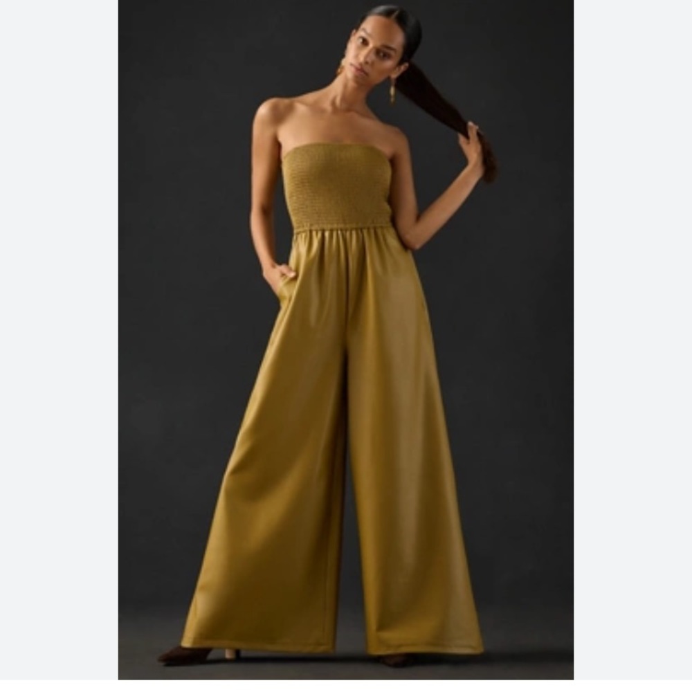 Anthropologie Pilcro smoked faux leather wide leg jumpsuit size medium palazzo